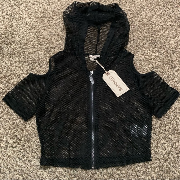 Banned Tops - Banned Black Mesh Hoodie, Cold Shoulder, Size Medium, NWT